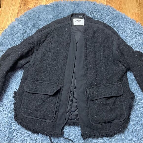 Zara Studio Black Reversible Tweed Oversized Coat Jacket Size M L - Picture 1 of 8